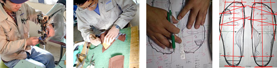 4.甲部（アッパー）製作：木型に基づいて、アッパーの型紙を作成し、革や裏素　材の裁断・縫製、芯材等を貼りこみアッパーを製作底部製作：木型に基づいて、　底部図面を作成し、中底・本底を製作